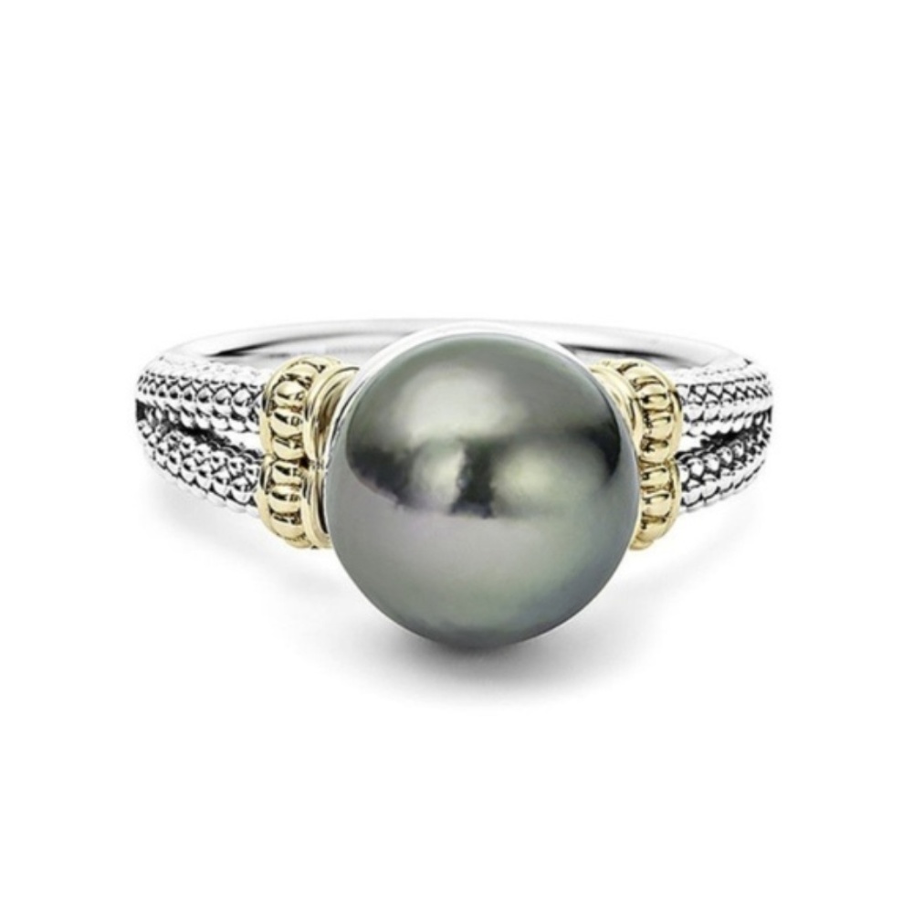 Elegant 925 Silver Round Cut Black Pearl Ring New - Picture 2 of 5
